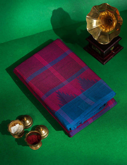 Chettinad Pure Cotton Saree - Peach Colour Body Checks With Temple Border
