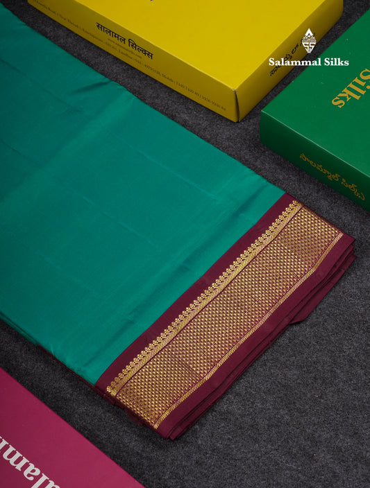 Korvai Beautiful Dual Tone Peacock Green 10 Yards Pure Silk Saree With (4.1 inch) Contrast Dark Magenta Traditional Border