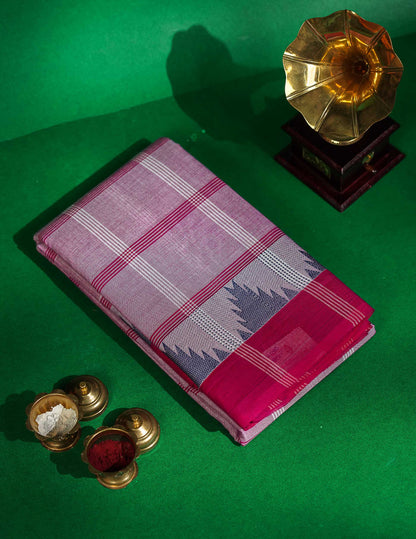 Chettinad Pure Cotton Saree - Peach Colour Body Checks With Temple Border