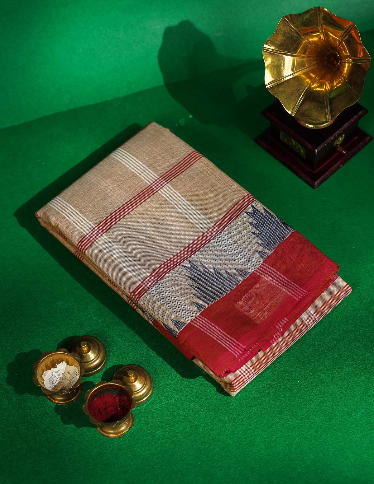 Chettinad Pure Cotton Saree - Beige Colour Body Checks With Temple Border