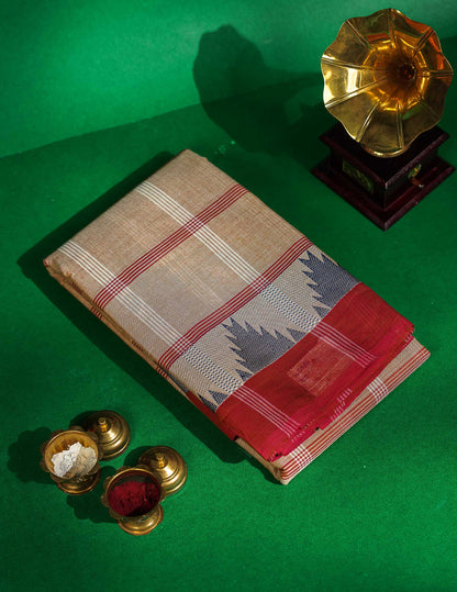 Chettinad Pure Cotton Saree - Beige Colour Body Checks With Temple Border