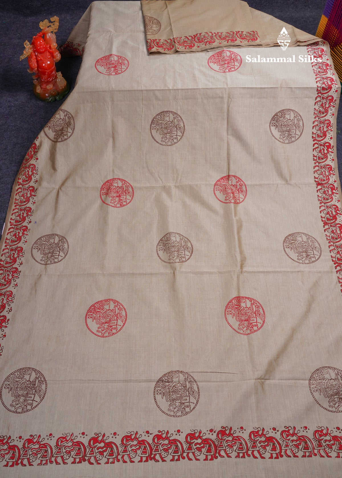 Beautiful Cream Sandal South Cotton Printed Saree With Contrast Dark Brown Blouse