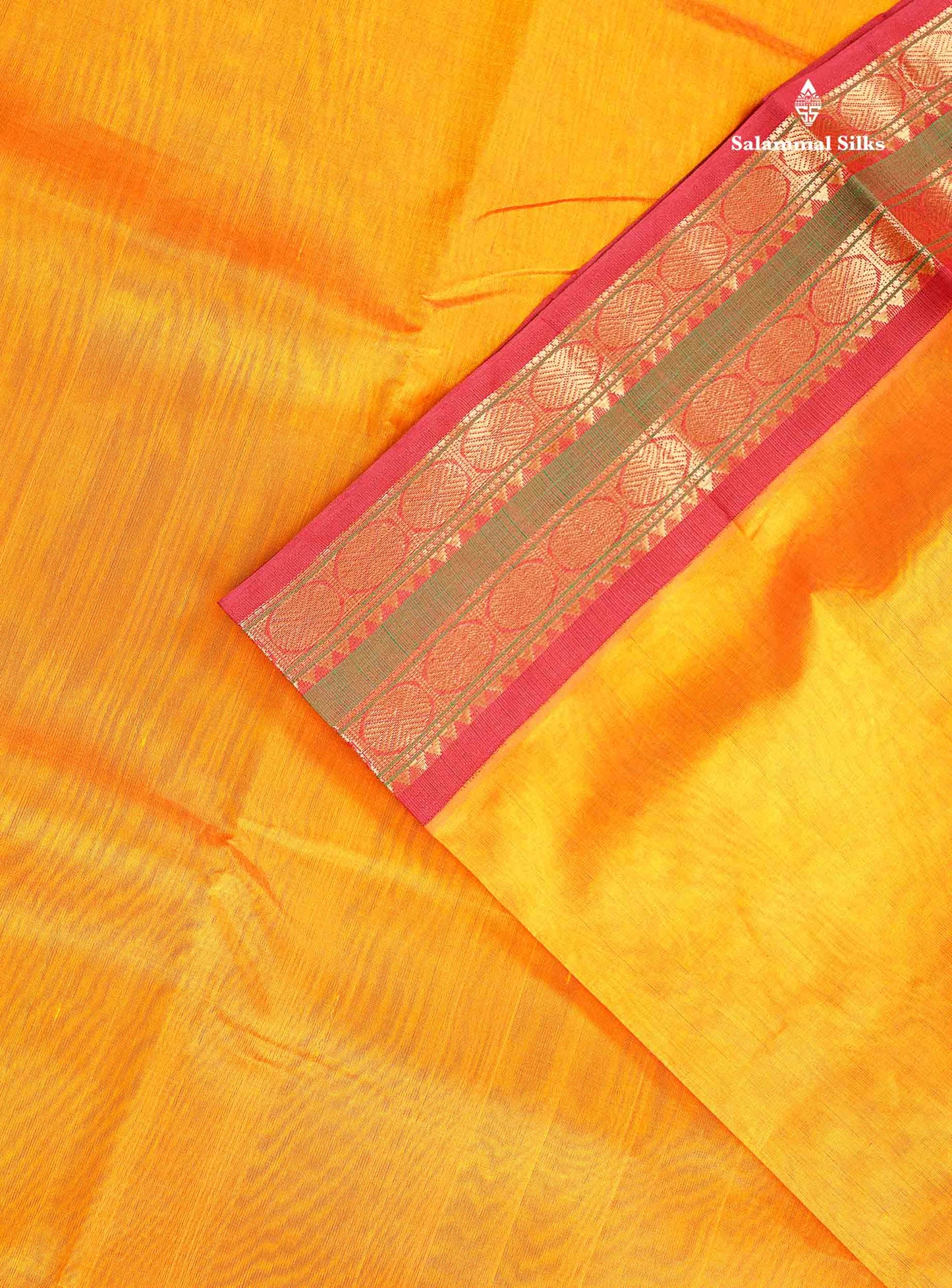 Korvai Pure Silk Cotton Saree - Mango Yellow Colour Body Plain With Contrast Maroon Traditional Border | 10 Yards
