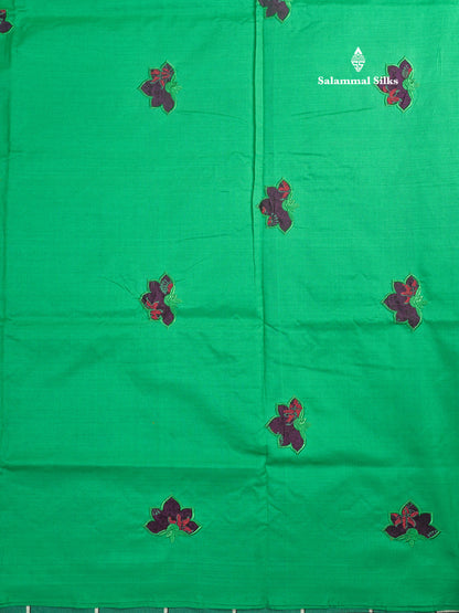 Saffire Green Mixed Cotton Printed Saree With Contrast Purple Blouse