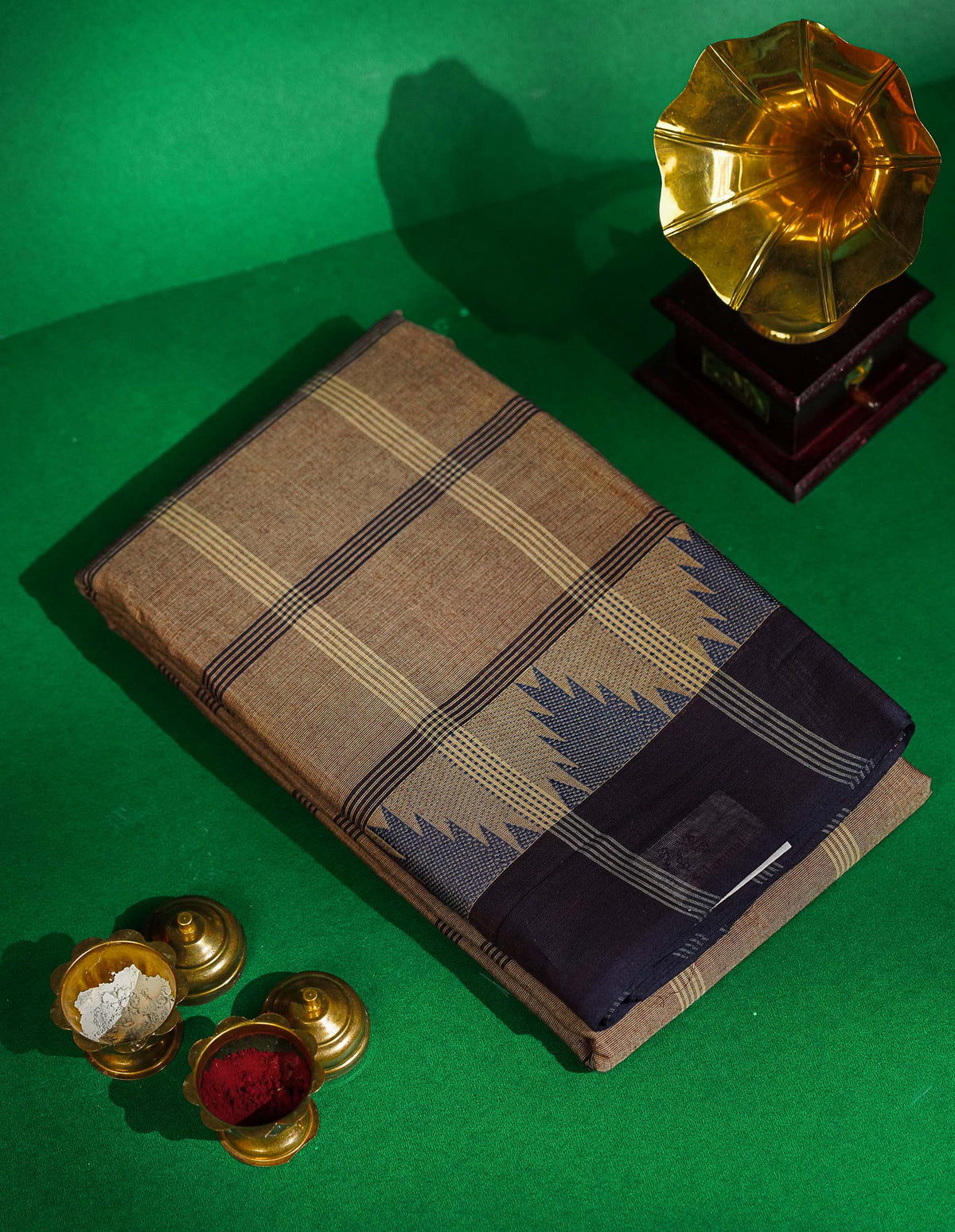 Chettinad Pure Cotton Saree - Beige Colour Body Checks With Temple Border