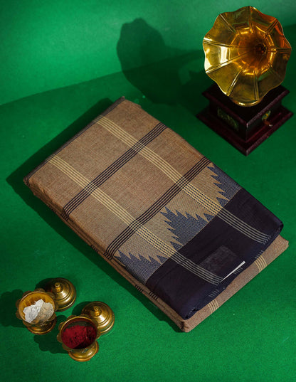 Chettinad Pure Cotton Saree - Beige Colour Body Checks With Temple Border