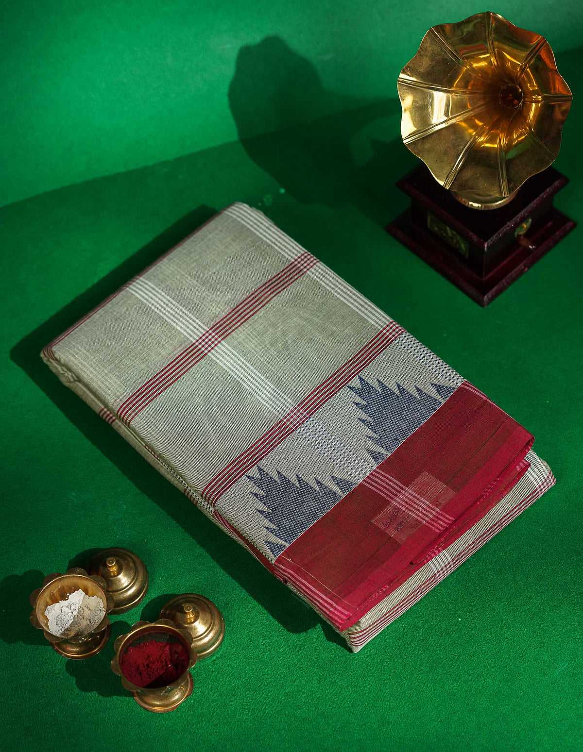 Chettinad Pure Cotton Saree - Peach Colour Body Checks With Temple Border