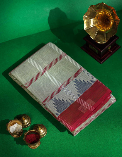 Chettinad Pure Cotton Saree - Peach Colour Body Checks With Temple Border