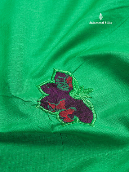 Saffire Green Mixed Cotton Printed Saree With Contrast Purple Blouse