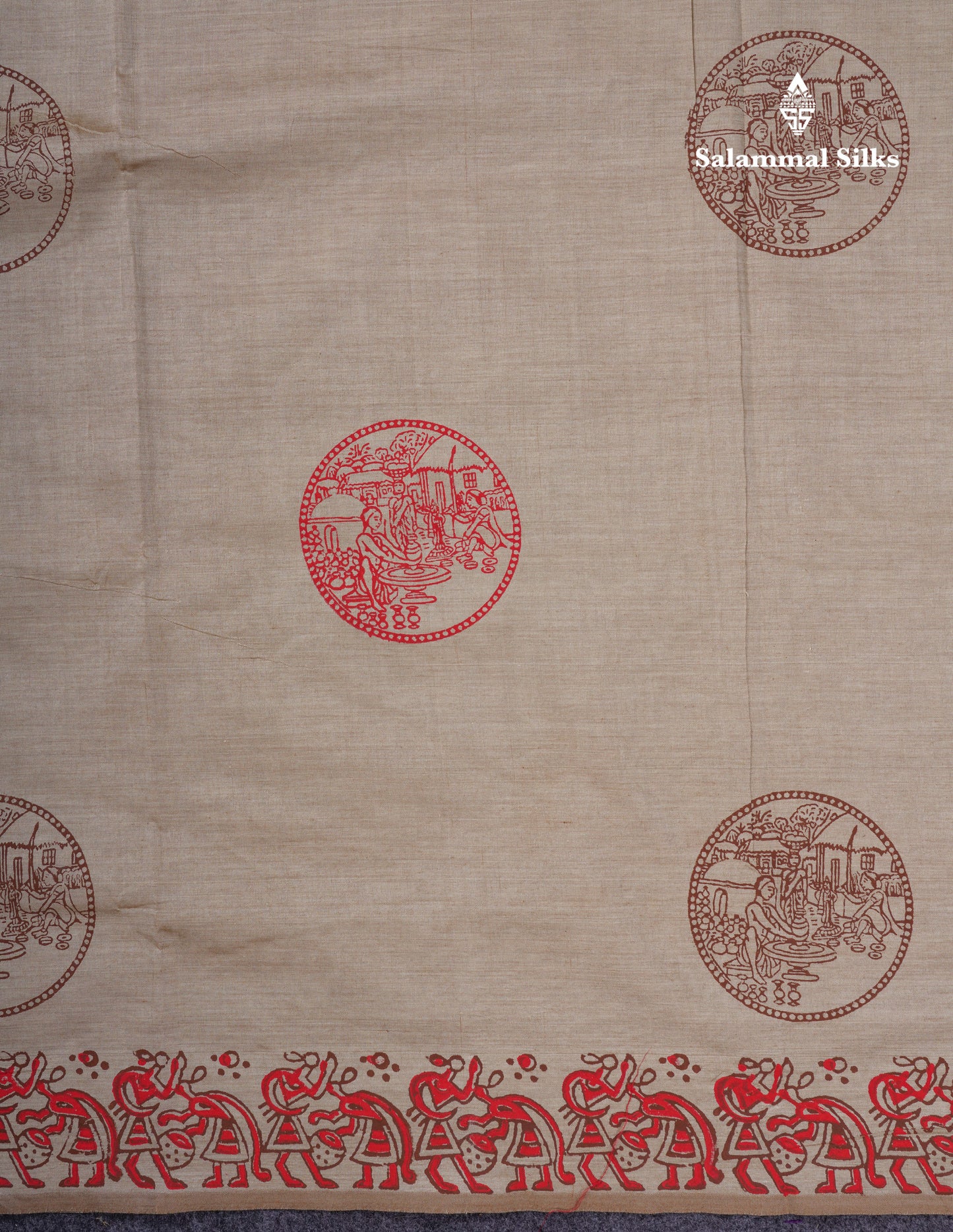Beautiful Cream Sandal South Cotton Printed Saree With Contrast Dark Brown Blouse