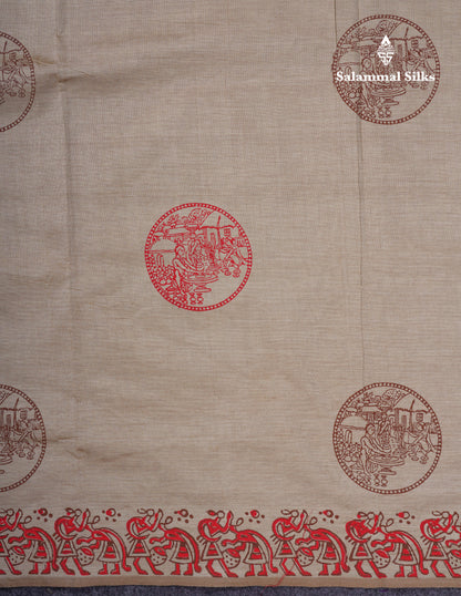 Beautiful Cream Sandal South Cotton Printed Saree With Contrast Dark Brown Blouse