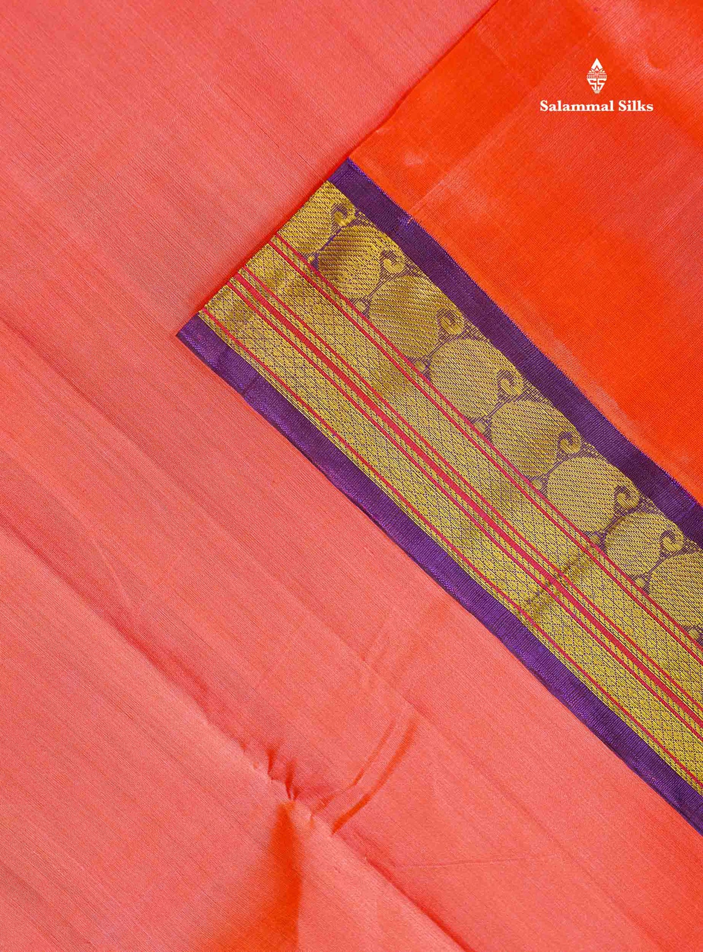 Korvai Pure Silk Cotton Saree - Peach Colour Body Plain With Dark Purple Traditional Border | 10 Yards