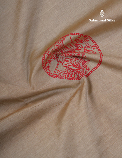 Beautiful Cream Sandal South Cotton Printed Saree With Contrast Dark Brown Blouse