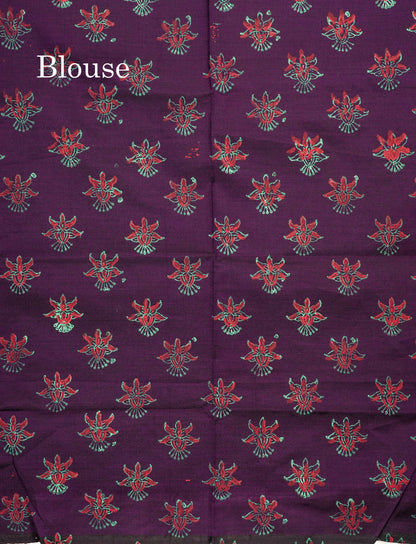 Saffire Green Mixed Cotton Printed Saree With Contrast Purple Blouse
