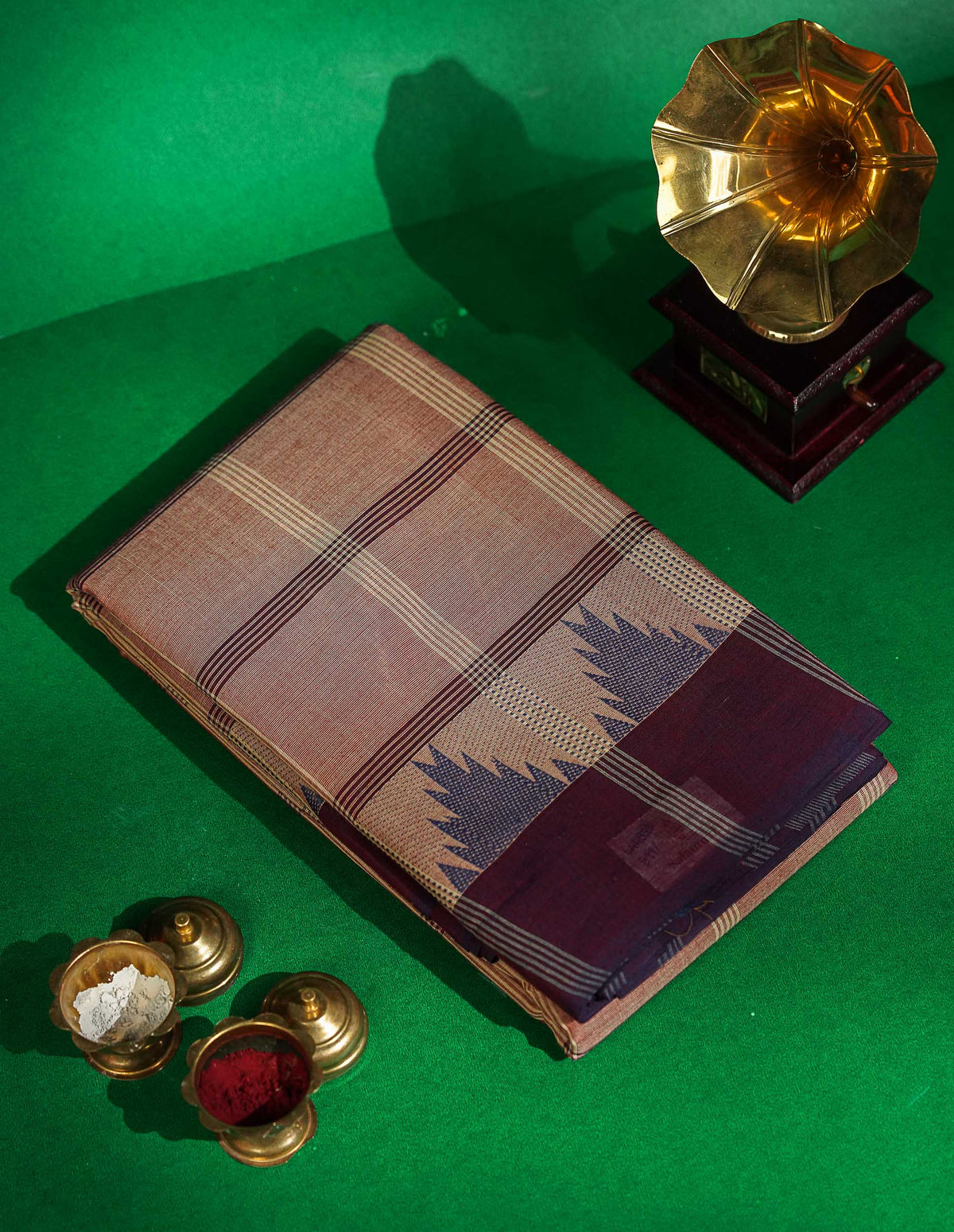 Chettinad Pure Cotton Saree - Peach Colour Body Checks With Temple Border