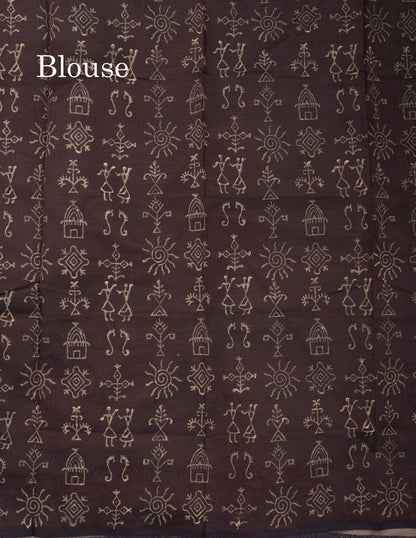 Beautiful Cream Sandal South Cotton Printed Saree With Contrast Dark Brown Blouse