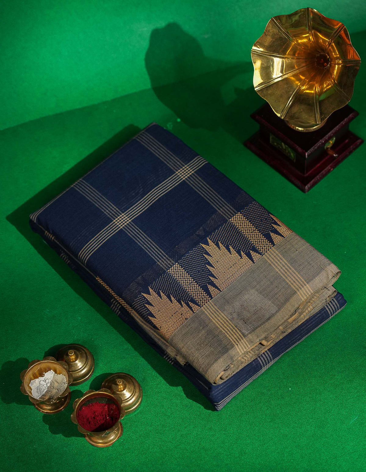 Chettinad Pure Cotton Saree - Peach Colour Body Checks With Temple Border