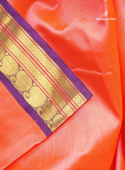 Korvai Pure Silk Cotton Saree - Peach Colour Body Plain With Dark Purple Traditional Border | 10 Yards