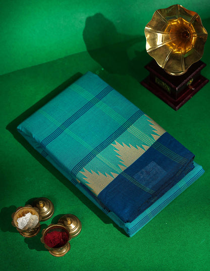 Chettinad Pure Cotton Saree - Beige Colour Body Checks With Temple Border
