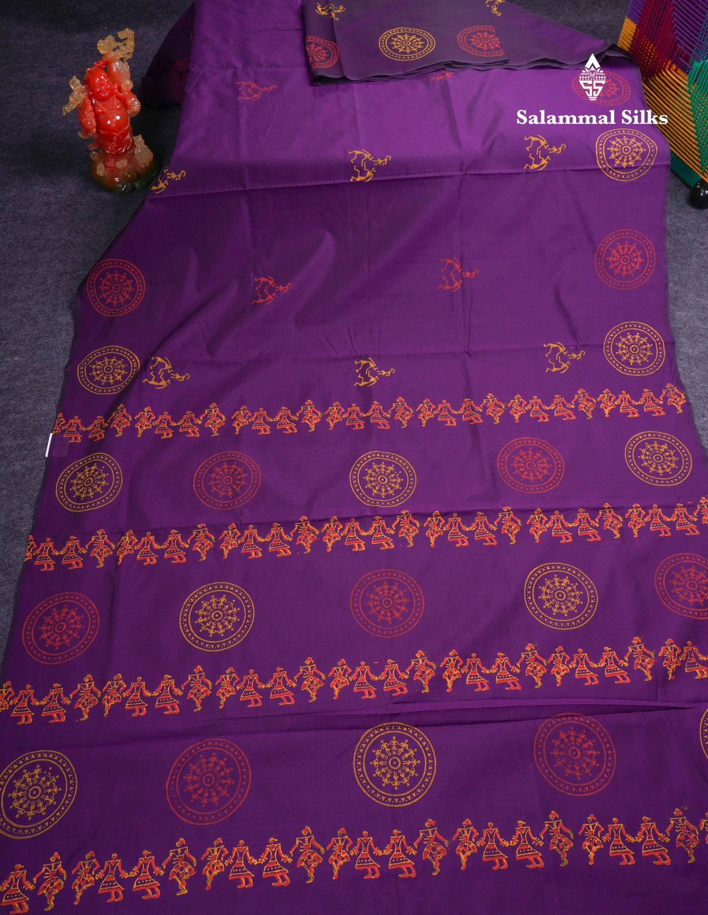 Beautiful Dark Purple South Cotton Printed Saree With Contrast Orange Blouse