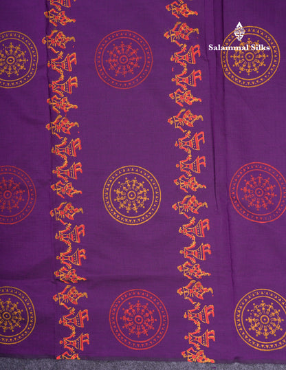 Beautiful Dark Purple South Cotton Printed Saree With Contrast Orange Blouse