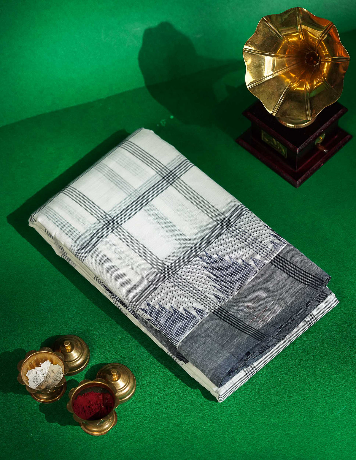 Chettinad Pure Cotton Saree - Beige Colour Body Checks With Temple Border