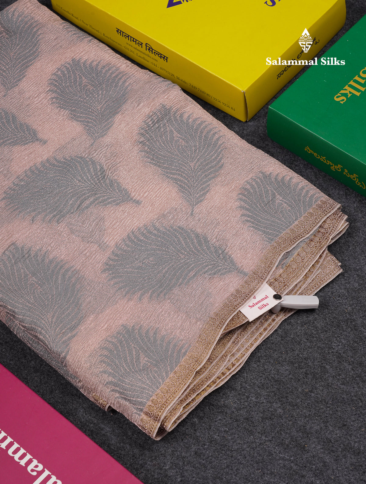 Premium Dark Peach Tissue Crush Fancy Saree With Contrast Blueish Grey Blouse