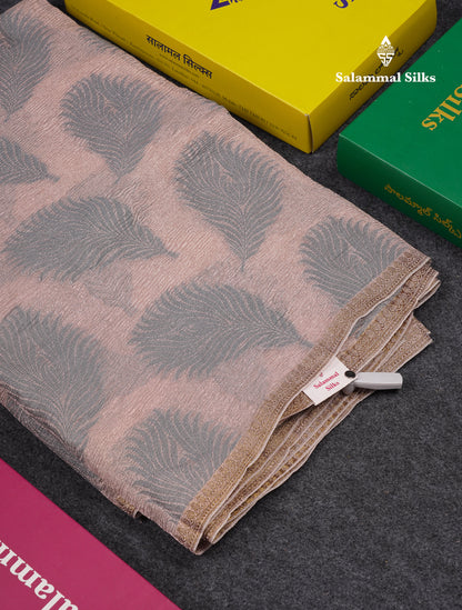 Premium Dark Peach Tissue Crush Fancy Saree With Contrast Blueish Grey Blouse