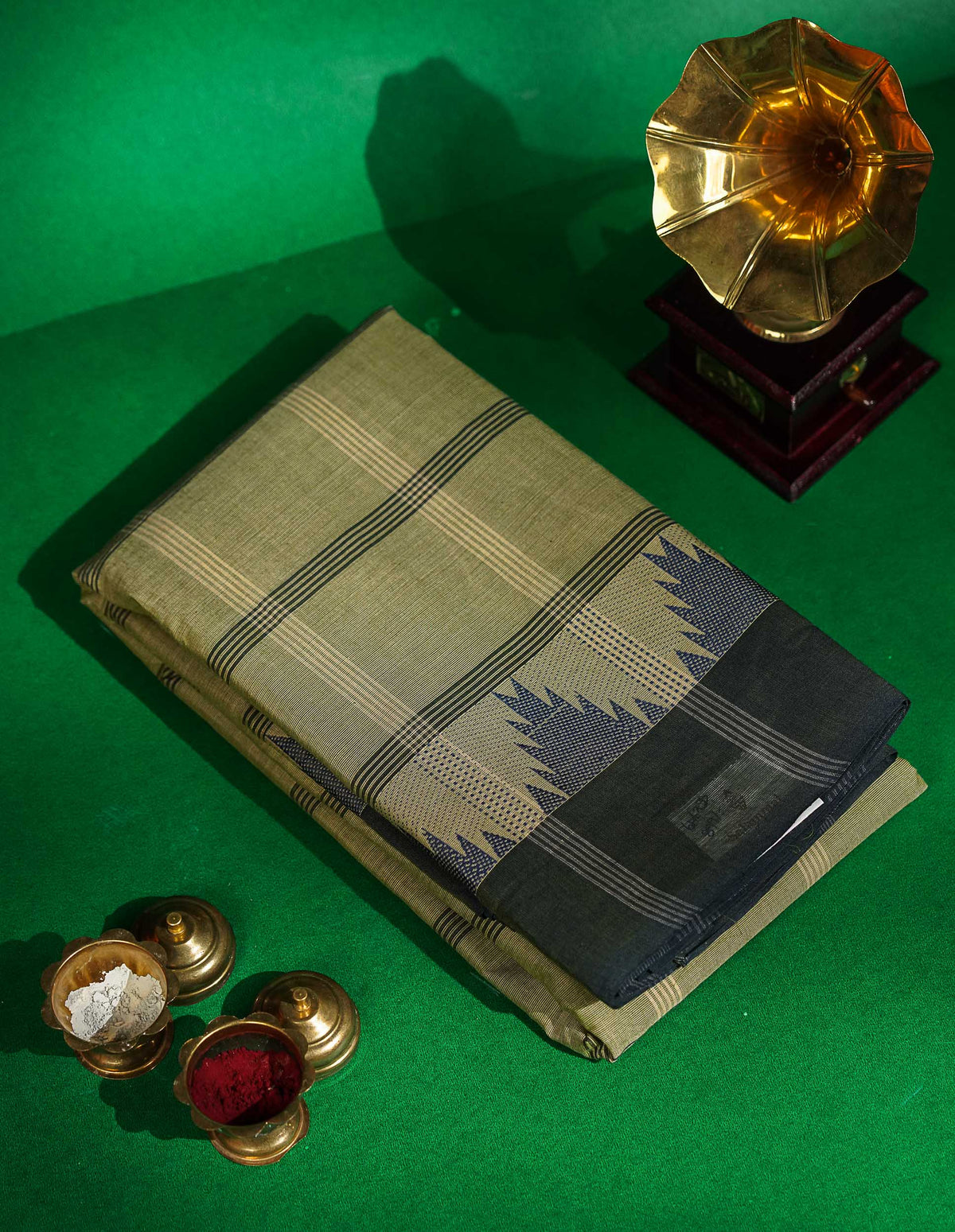 Chettinad Pure Cotton Saree - Beige Colour Body Checks With Temple Border