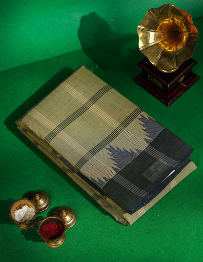 Chettinad Pure Cotton Saree - Beige Colour Body Checks With Temple Border