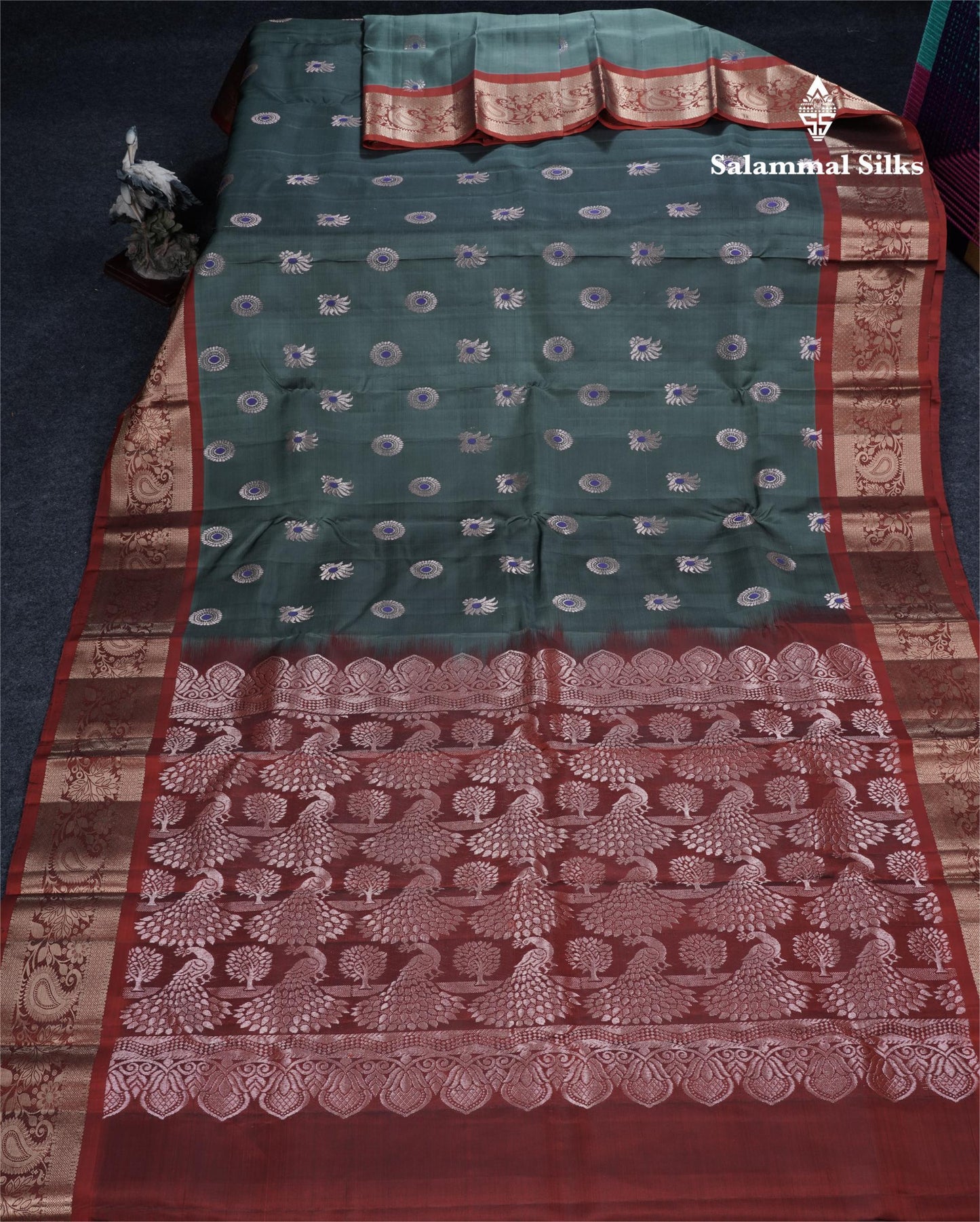 Green Shade Meenakari Work Puremix Silk Saree With Contrast Reddish Maroon Border