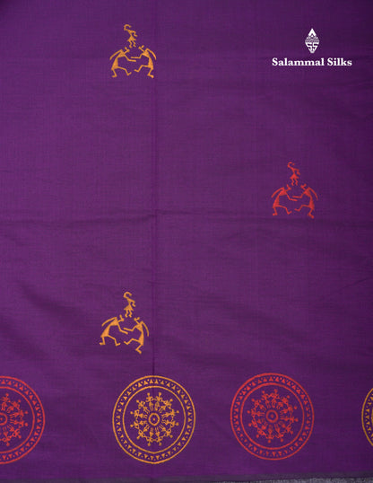 Beautiful Dark Purple South Cotton Printed Saree With Contrast Orange Blouse