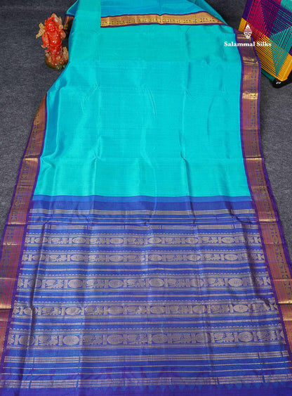 Full View Of Sapphire Blue Korvai Pure Silk Cotton Saree 