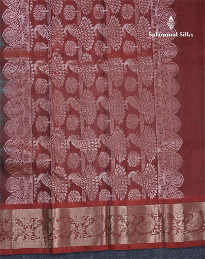 Green Shade Meenakari Work Puremix Silk Saree With Contrast Reddish Maroon Border