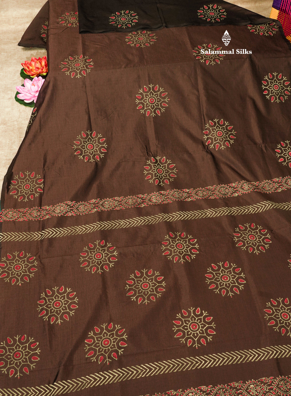 Dark Brown South Cotton Printed Saree With Contrast Sandal Blouse