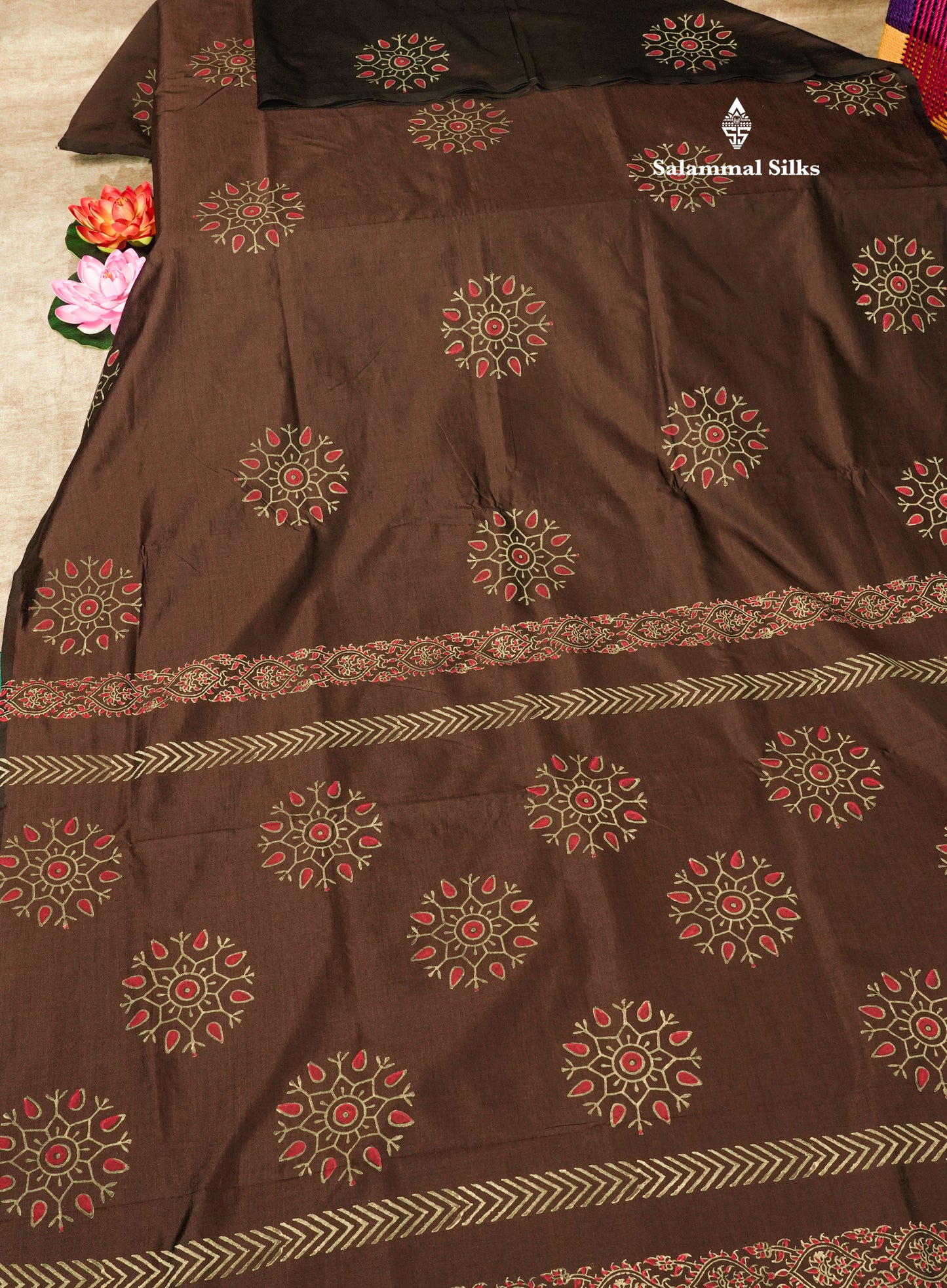 Dark Brown South Cotton Printed Saree With Contrast Sandal Blouse