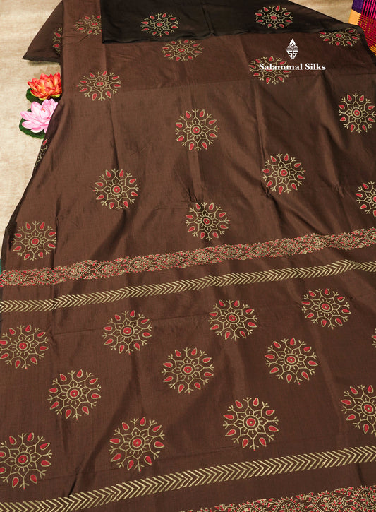 Dark Brown South Cotton Printed Saree With Contrast Sandal Blouse