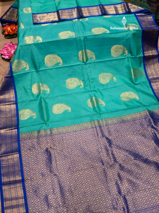 Rexona Green Colour Pure Kanjivaram Silk Saree With Royal Blue Border