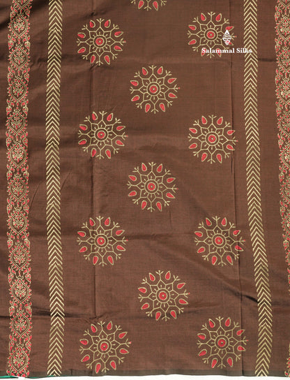 Dark Brown South Cotton Printed Saree With Contrast Sandal Blouse