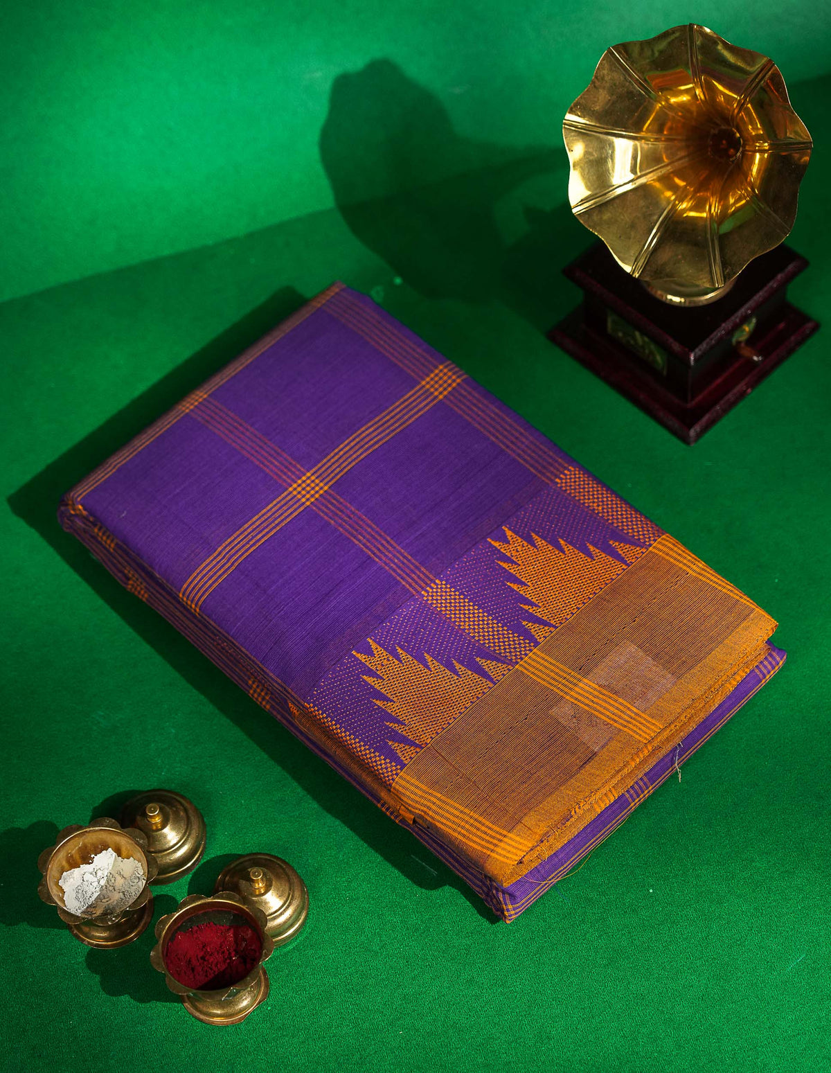 Chettinad Pure Cotton Saree - Peach Colour Body Checks With Temple Border
