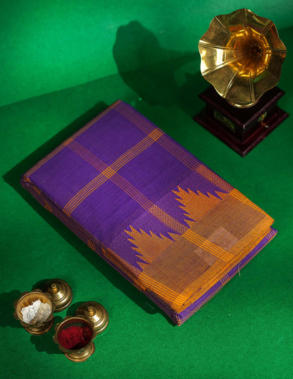 Chettinad Pure Cotton Saree - Peach Colour Body Checks With Temple Border