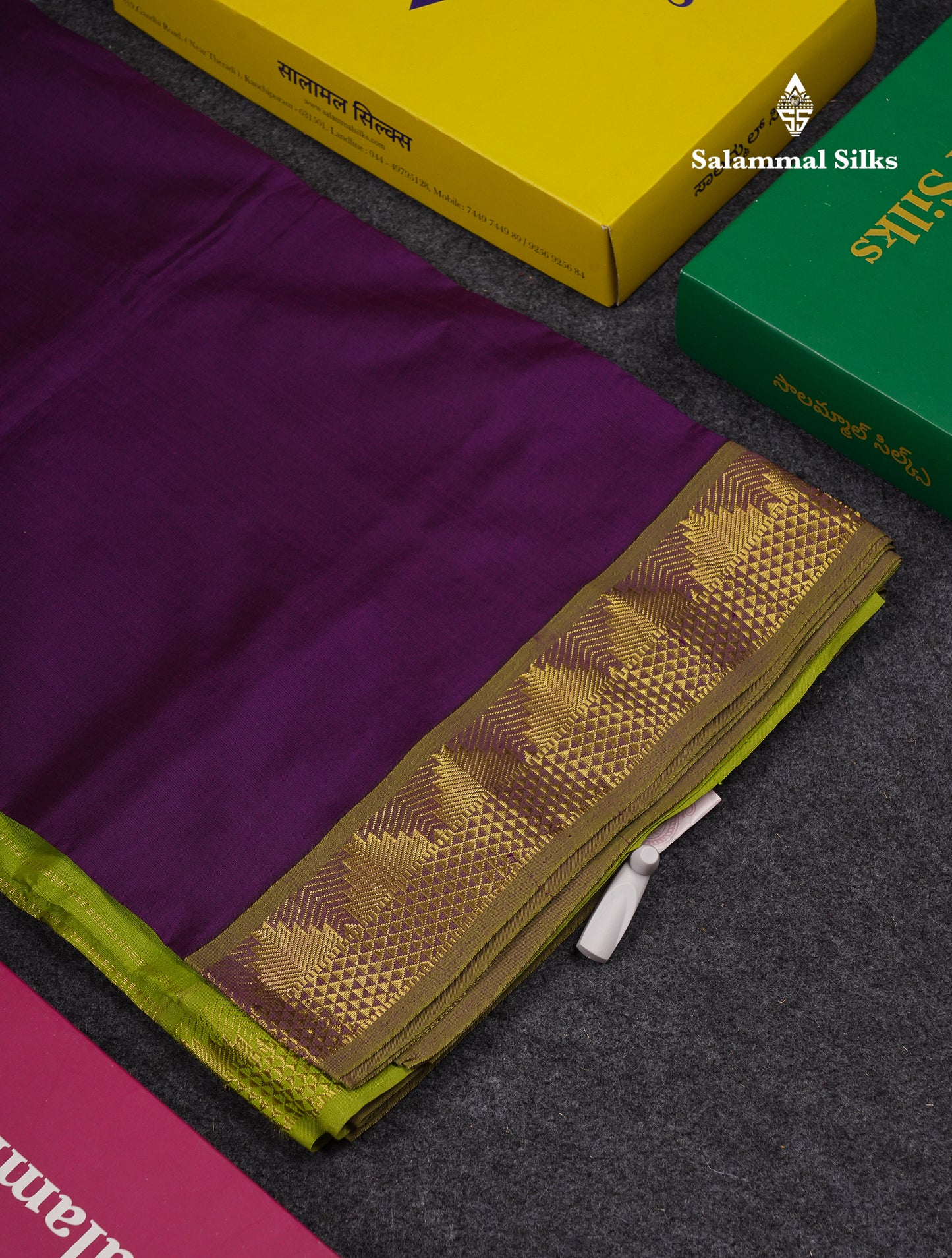 Beautiful Dark Purple Plain Semi Silk Cotton Saree With Contrast Parrot Green Blouse