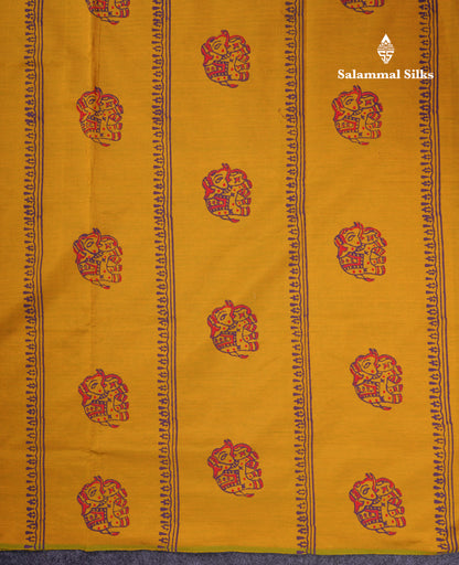 Beautiful Yellow South Cotton Printed Saree With Contrast Dark Purple Blouse