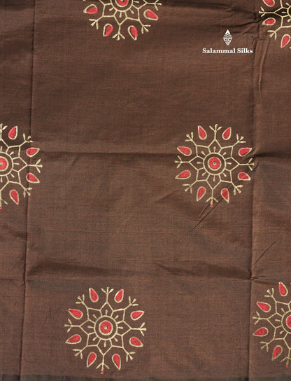 Dark Brown South Cotton Printed Saree With Contrast Sandal Blouse