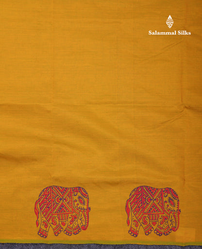 Beautiful Yellow South Cotton Printed Saree With Contrast Dark Purple Blouse