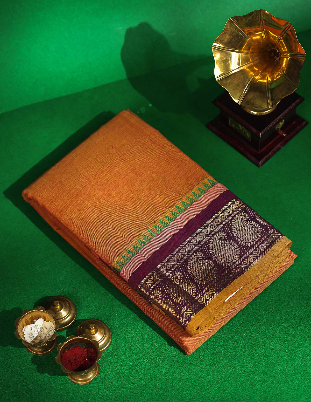 Chettinad Pure Cotton Saree - Rust Orange Colour Body Plain With Magenta Border