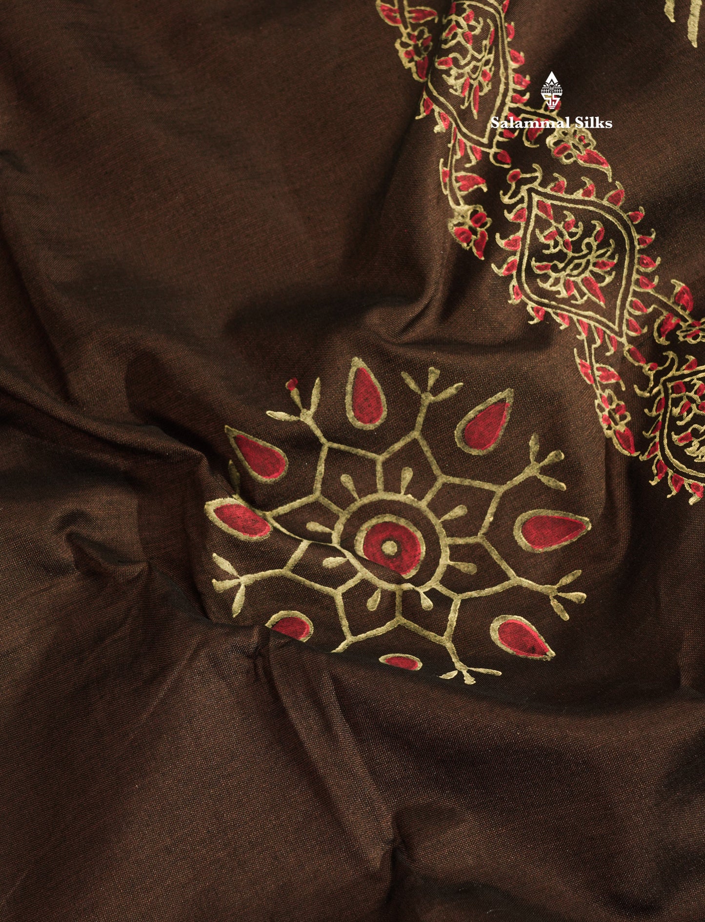 Dark Brown South Cotton Printed Saree With Contrast Sandal Blouse