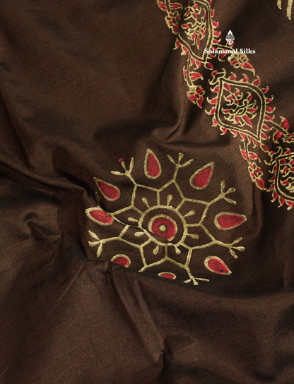 Dark Brown South Cotton Printed Saree With Contrast Sandal Blouse