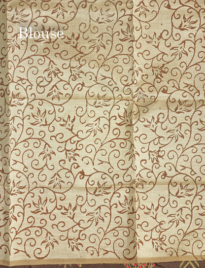 Dark Brown South Cotton Printed Saree With Contrast Sandal Blouse