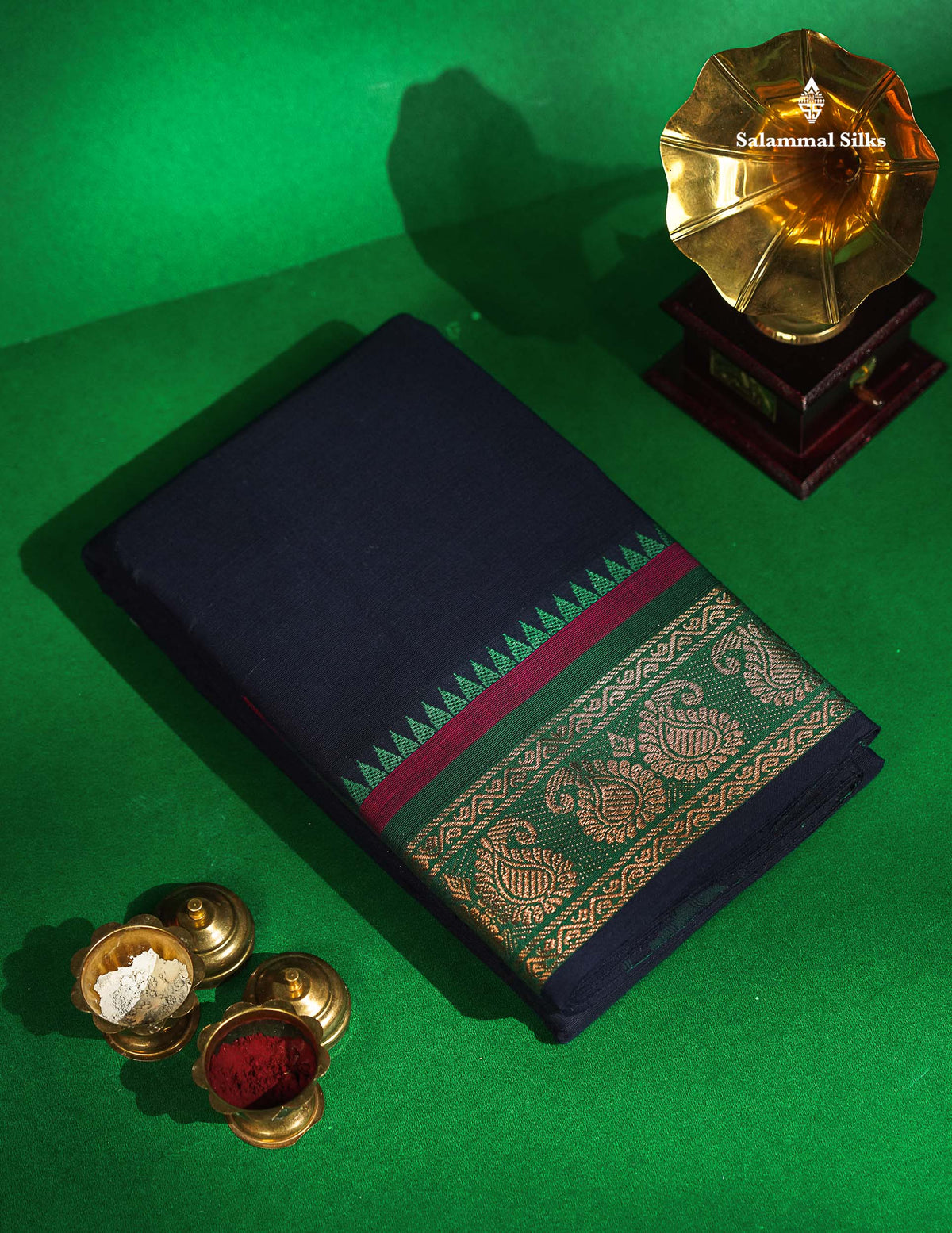 Chettinad Pure Cotton Saree - Navy Blue Colour Body Plain With Bottle Green Border 